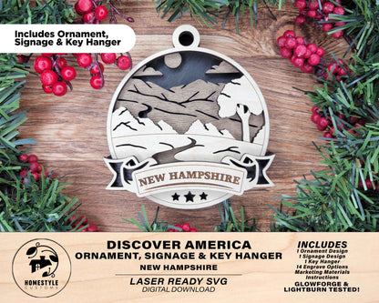 New Hampshire Discover America Set - Includes Ornaments, Signage & Key Hanger - SVG, PDF, AI File types - Works With All Lasers