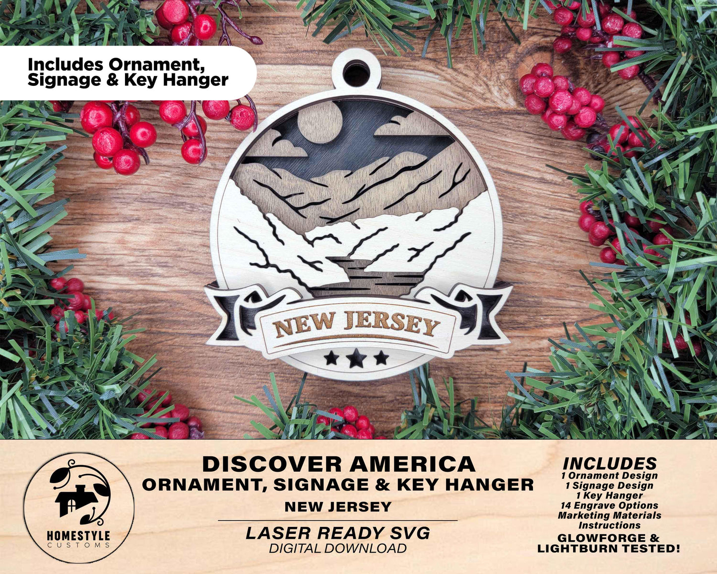 New Jersey Discover America Set - Includes Ornaments, Signage & Key Hanger - SVG, PDF, AI File types - Works With All Lasers