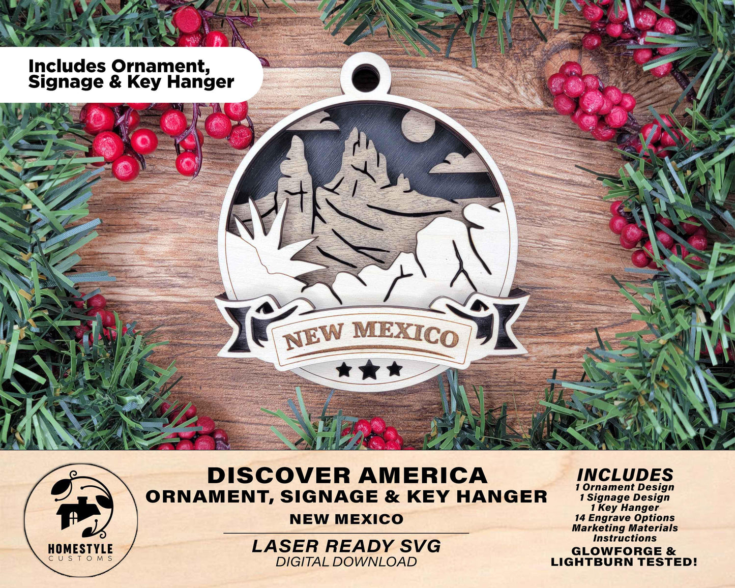 New Mexico Discover America Set - Includes Ornaments, Signage & Key Hanger - SVG, PDF, AI File types - Works With All Lasers