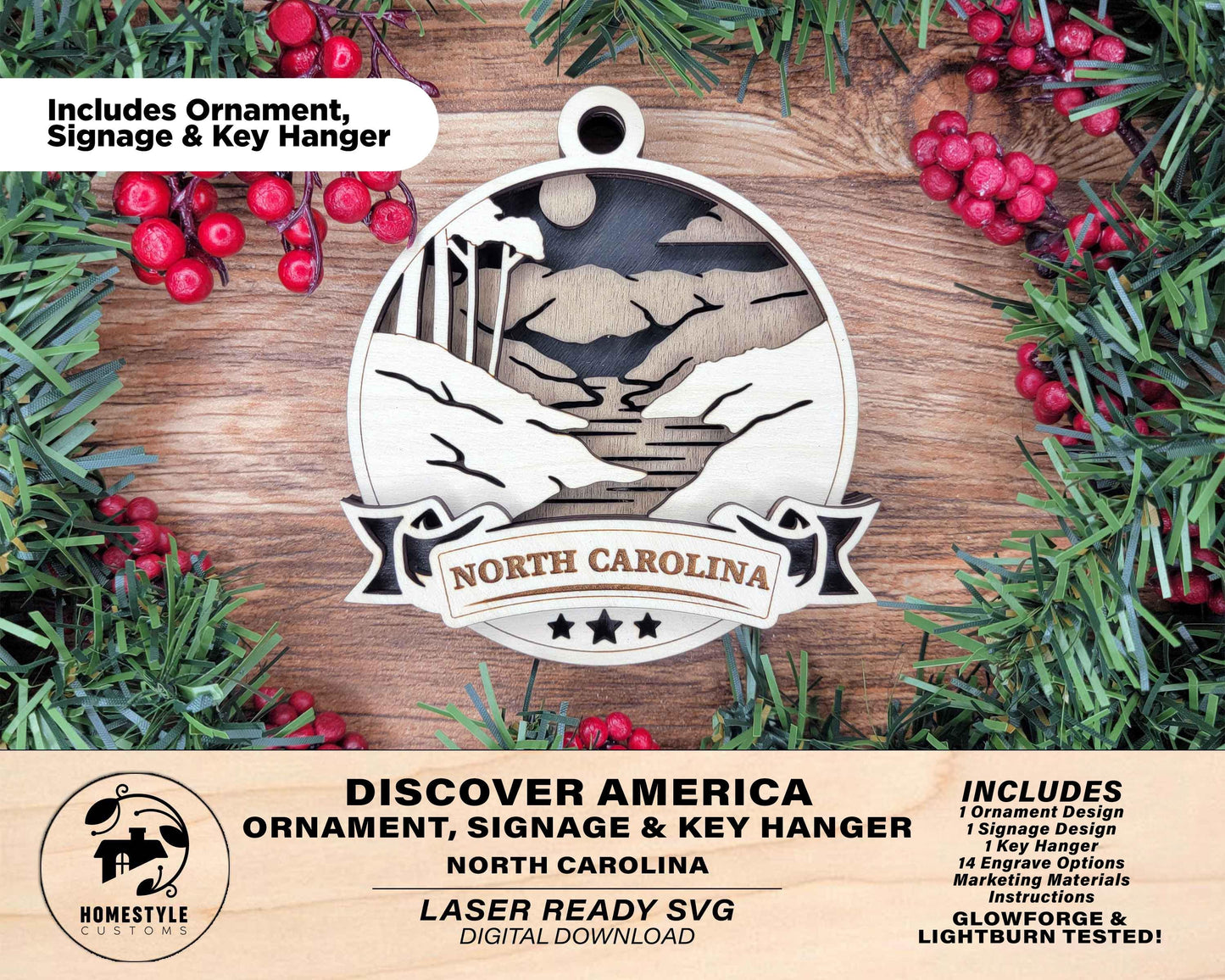 North Carolina Discover America Set - Includes Ornaments, Signage & Key Hanger - SVG, PDF, AI File types - Works With All Lasers