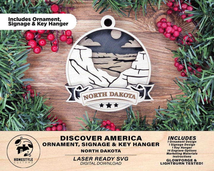 North Dakota Discover America Set - Includes Ornaments, Signage & Key Hanger - SVG, PDF, AI File types - Works With All Lasers