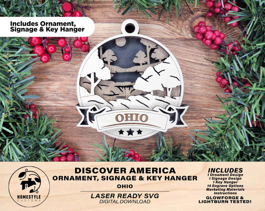 Ohio Discover America Set - Includes Ornaments, Signage & Key Hanger - SVG, PDF, AI File types - Works With All Lasers