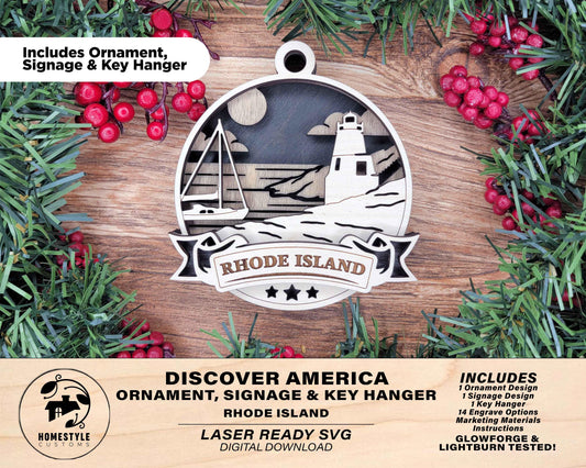 Rhode Island Discover America Set - Includes Ornaments, Signage & Key Hanger - SVG, PDF, AI File types - Works With All Lasers