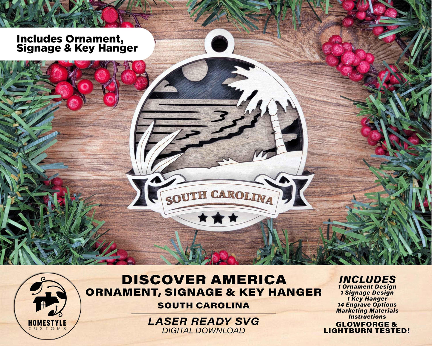 South Carolina Discover America Set - Includes Ornaments, Signage & Key Hanger - SVG, PDF, AI File types - Works With All Lasers