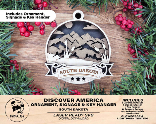 South Dakota Discover America Set - Includes Ornaments, Signage & Key Hanger - SVG, PDF, AI File types - Works With All Lasers