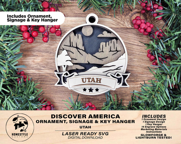 Utah Discover America Set - Includes Ornaments, Signage & Key Hanger - SVG, PDF, AI File types - Works With All Lasers