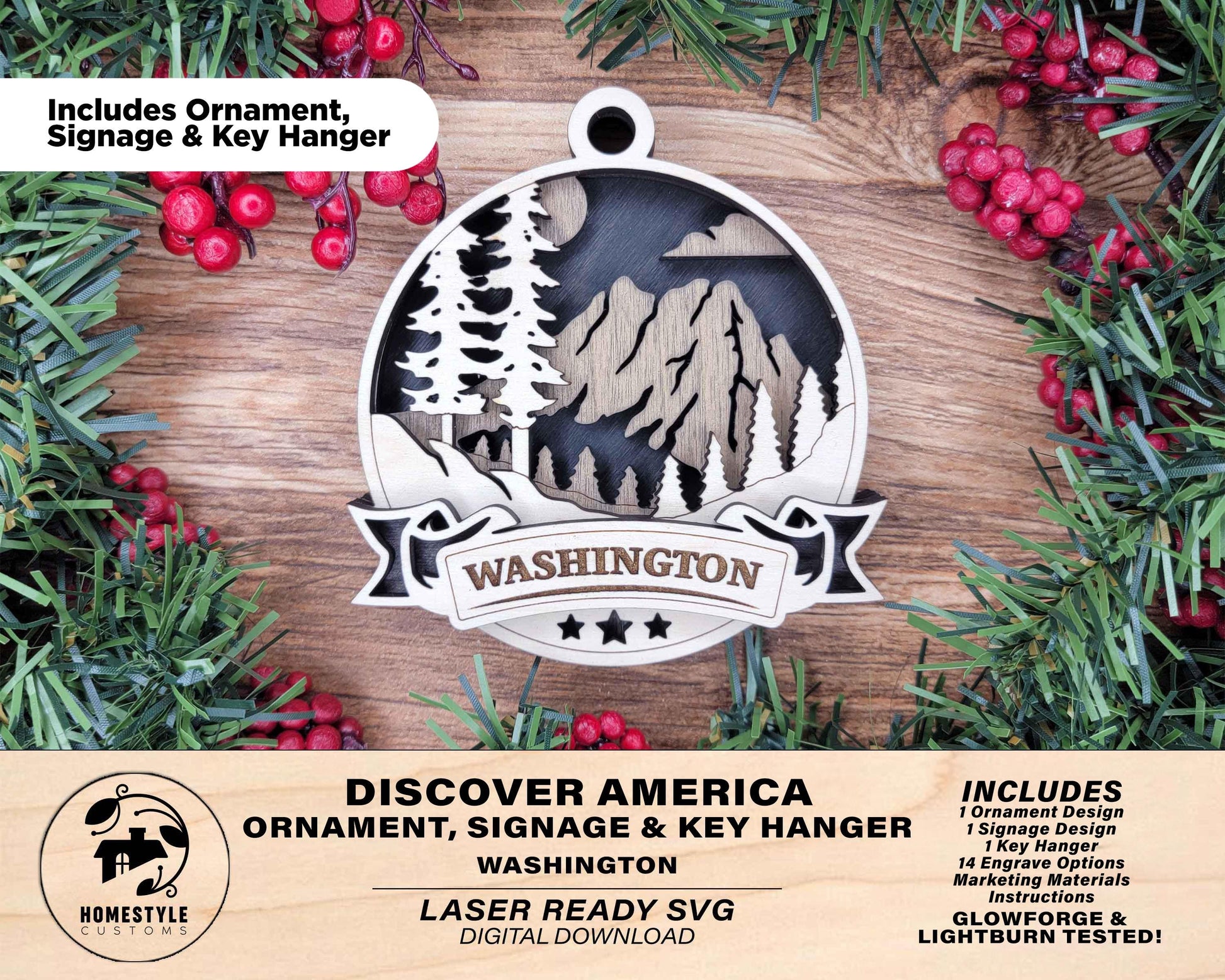 Washington America Set - Includes Ornaments, Signage & Key Hanger - SVG, PDF, AI File types - Works With All Lasers