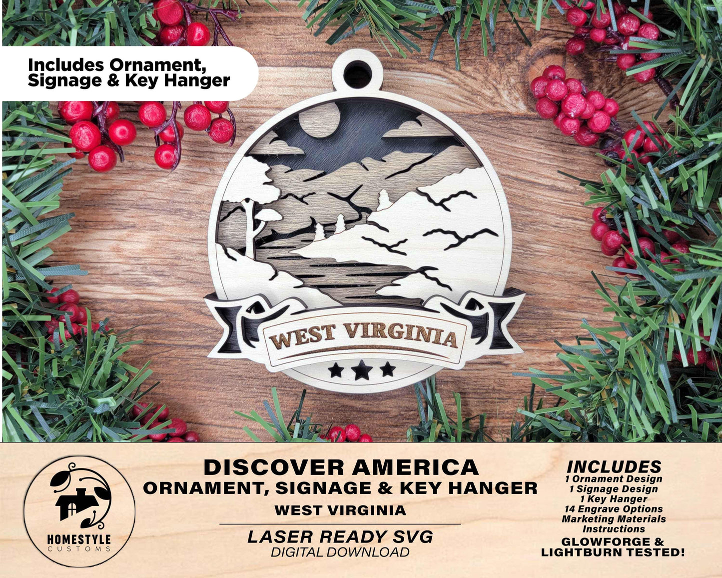 West Virginia America Set - Includes Ornaments, Signage & Key Hanger - SVG, PDF, AI File types - Works With All Lasers