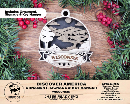 Wisconsin America Set - Includes Ornaments, Signage & Key Hanger - SVG, PDF, AI File types - Works With All Lasers