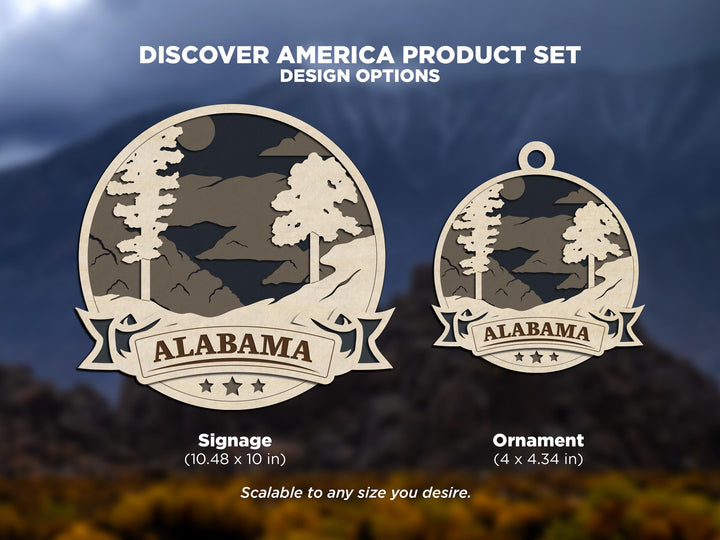Alabama Discover America Set - Includes Ornaments, Signage & Key Hanger - SVG, PDF, AI File types - Works With All Lasers