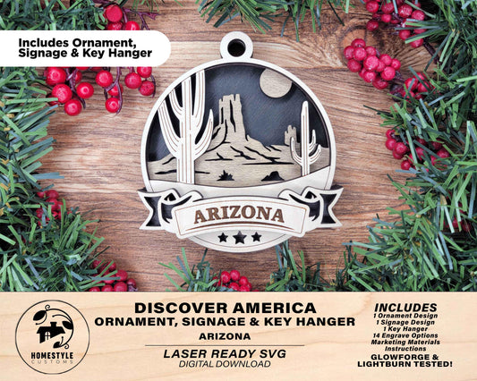 Arizona America Set - Includes Ornaments, Signage & Key Hanger - SVG, PDF, AI File types - Works With All Lasers