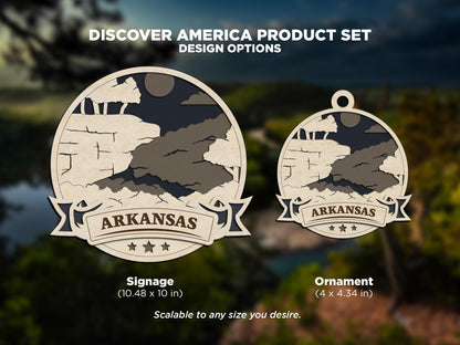 Arkansas Discover America Set - Includes Ornaments, Signage & Key Hanger - SVG, PDF, AI File types - Works With All Lasers