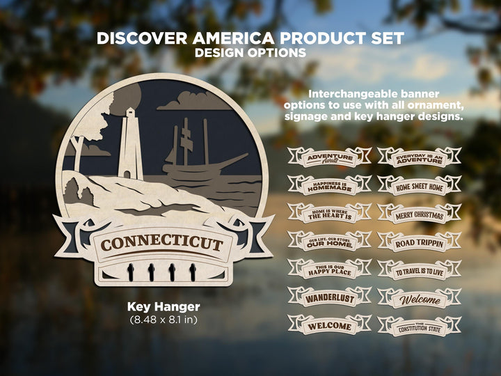 Connecticut Discover America Set - Includes Ornaments, Signage & Key Hanger - SVG, PDF, AI File types - Works With All Lasers