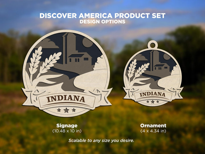 Indiana Discover America Set - Includes Ornaments, Signage & Key Hanger - SVG, PDF, AI File types - Works With All Lasers