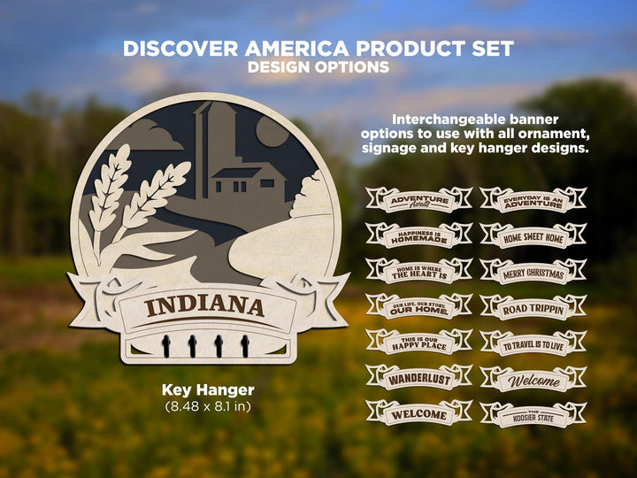 Indiana Discover America Set - Includes Ornaments, Signage & Key Hanger - SVG, PDF, AI File types - Works With All Lasers