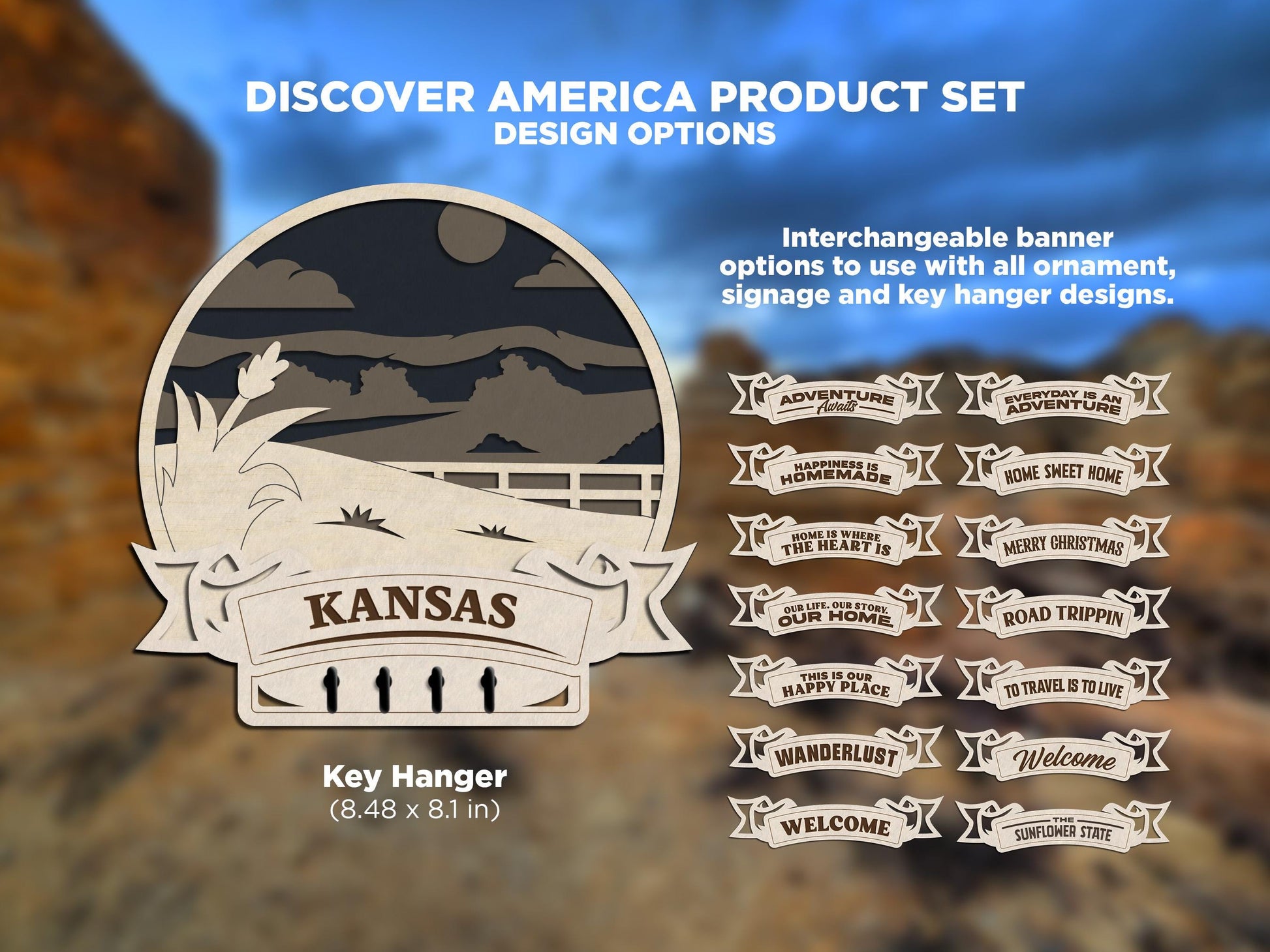 Kansas Discover America Set - Includes Ornaments, Signage & Key Hanger - SVG, PDF, AI File types - Works With All Lasers