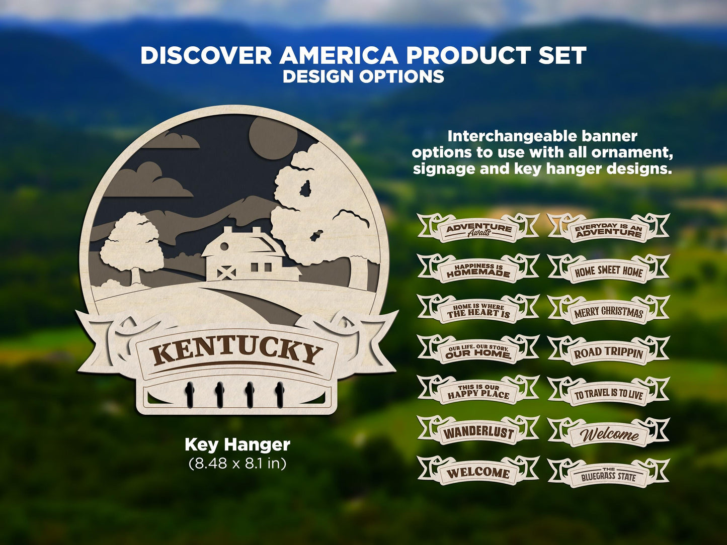 Kentucky Discover America Set - Includes Ornaments, Signage & Key Hanger - SVG, PDF, AI File types - Works With All Lasers