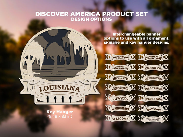 Louisiana Discover America Set - Includes Ornaments, Signage & Key Hanger - SVG, PDF, AI File types - Works With All Lasers