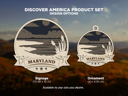 Maryland Discover America Set - Includes Ornaments, Signage & Key Hanger - SVG, PDF, AI File types - Works With All Lasers