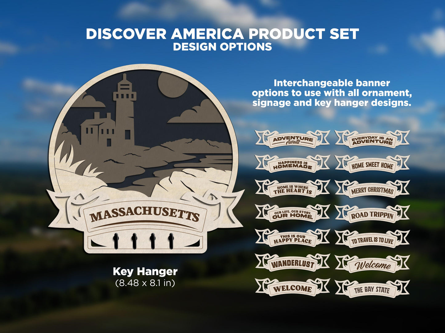 Massachusetts Discover America Set - Includes Ornaments, Signage & Key Hanger - SVG, PDF, AI File types - Works With All Lasers