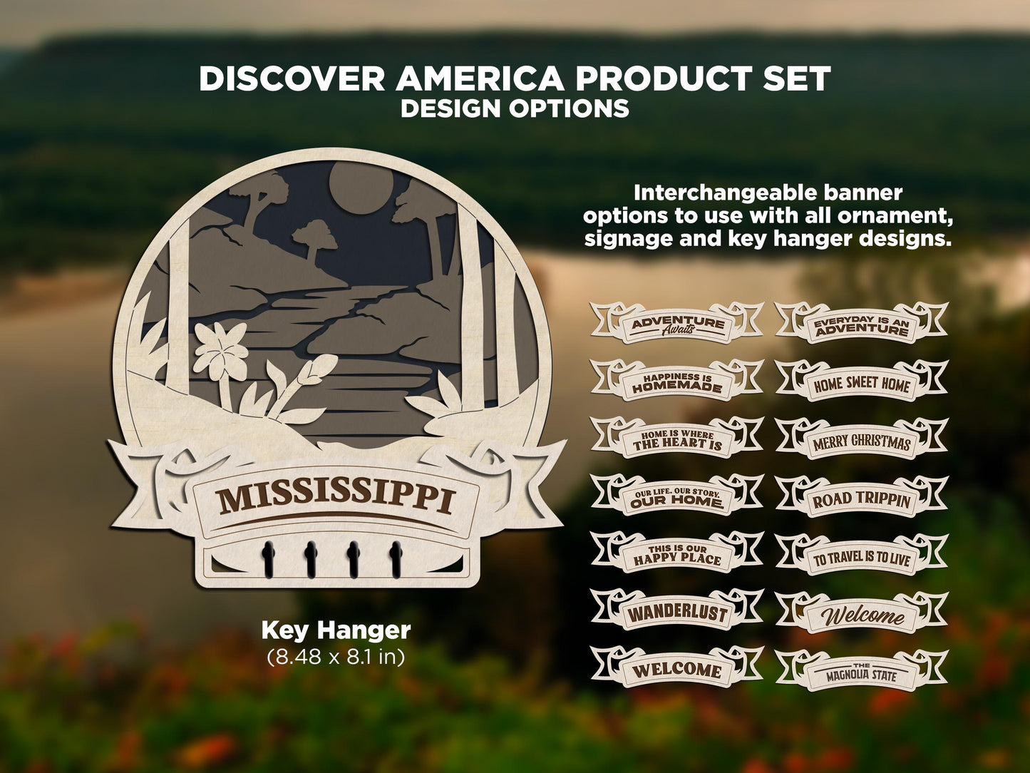 Mississippi Discover America Set - Includes Ornaments, Signage & Key Hanger - SVG, PDF, AI File types - Works With All Lasers