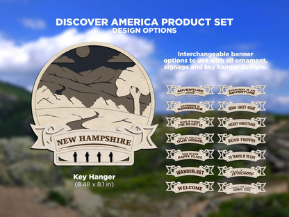 New Hampshire Discover America Set - Includes Ornaments, Signage & Key Hanger - SVG, PDF, AI File types - Works With All Lasers