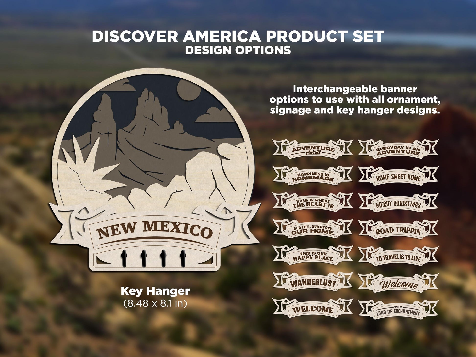 New Mexico Discover America Set - Includes Ornaments, Signage & Key Hanger - SVG, PDF, AI File types - Works With All Lasers