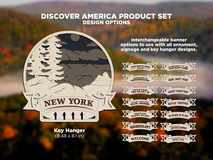 New York Discover America Set - Includes Ornaments, Signage & Key Hanger - SVG, PDF, AI File types - Works With All Lasers