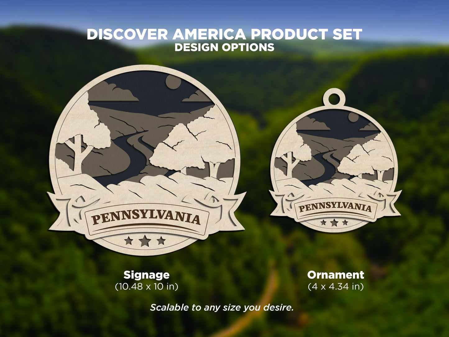 Pennsylvania Discover America Set - Includes Ornaments, Signage & Key Hanger - SVG, PDF, AI File types - Works With All Lasers