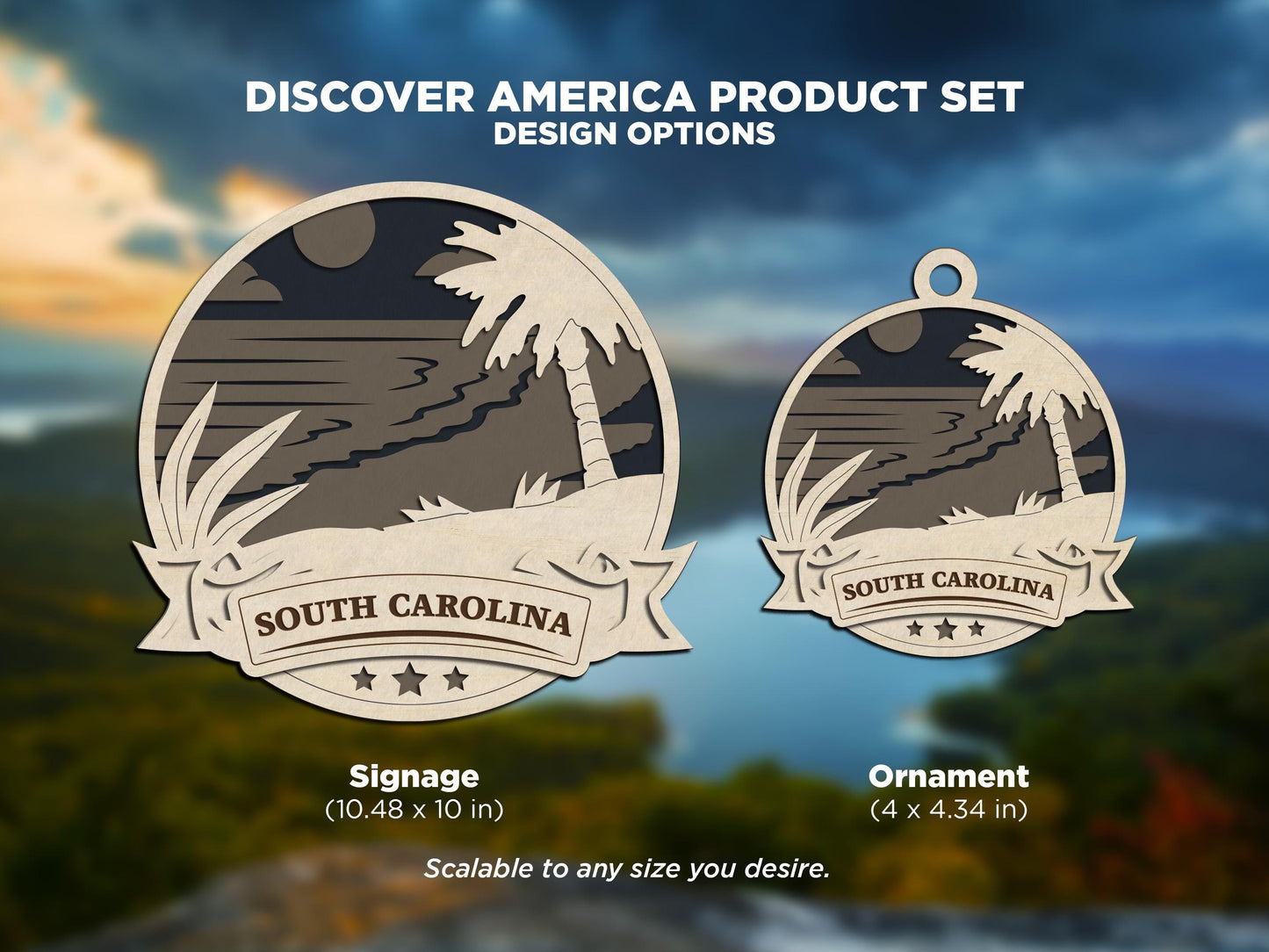 South Carolina Discover America Set - Includes Ornaments, Signage & Key Hanger - SVG, PDF, AI File types - Works With All Lasers