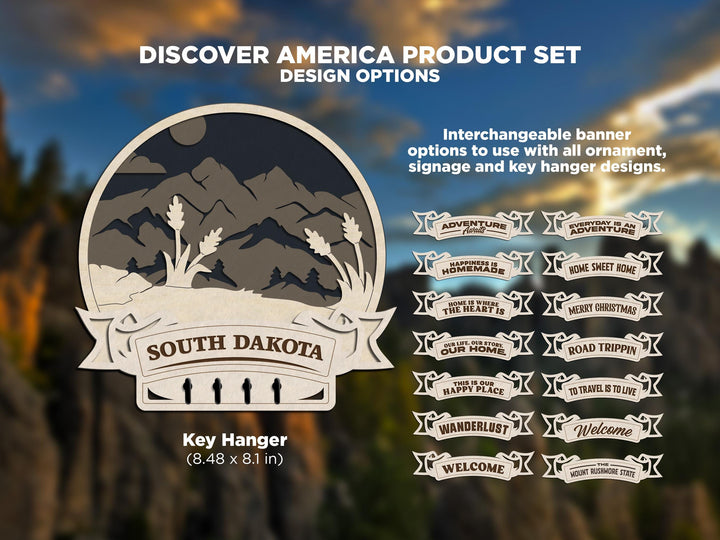 South Dakota Discover America Set - Includes Ornaments, Signage & Key Hanger - SVG, PDF, AI File types - Works With All Lasers