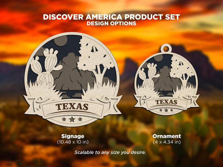 Texas Discover America Set - Includes Ornaments, Signage & Key Hanger - SVG, PDF, AI File types - Works With All Lasers