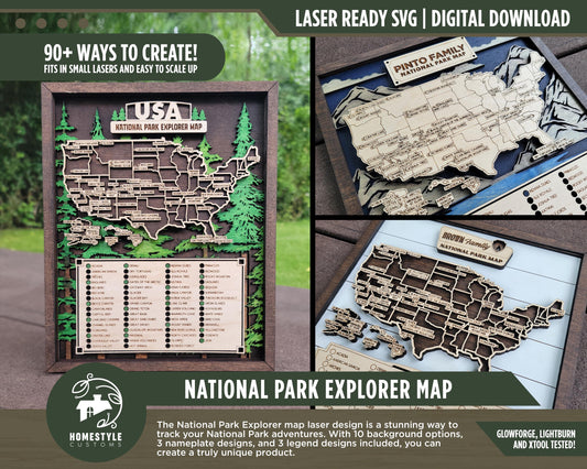 The National Park Explorer Map - 90+ Map Configurations, 10 Backgrounds, Score and Cut Options - SVG, PDF, AI Files - Works with all Lasers