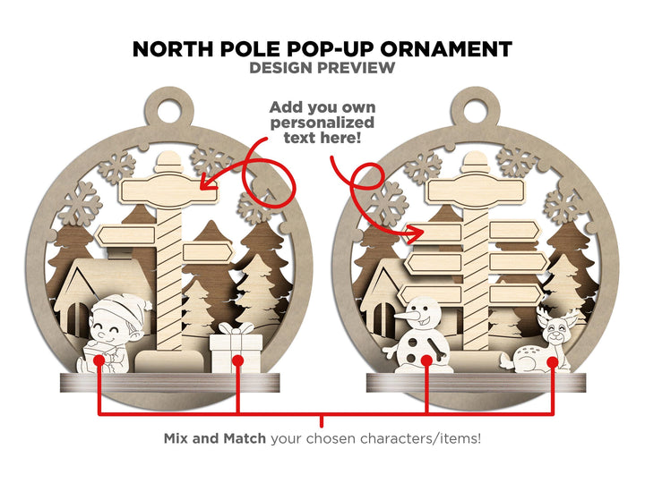 North Pole Pop-Up Ornament - Personalize with 2 to 8 Names - 7 Characters - SVG, PDF, AI File types - Works With All Lasers