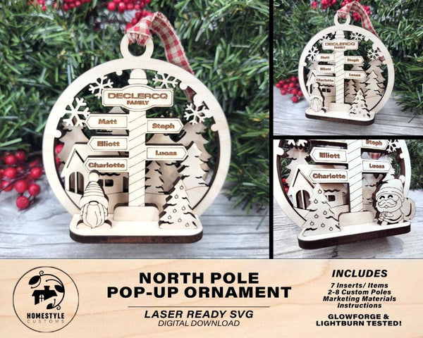 North Pole Pop-Up Ornament - Personalize with 2 to 8 Names - 7 Characters - SVG, PDF, AI File types - Works With All Lasers