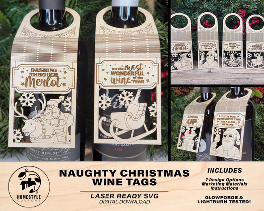 Naughty Christmas Wine Tags - 7 Original Wine Bottle Tag Designs - SVG, PDF, AI File Download - Works on all Laser Types