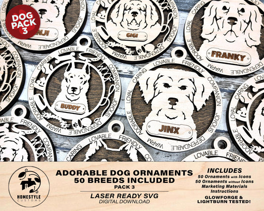 Adorable Dog Ornaments Pack 3 - 50 Breeds included with 2 Versions - 100+ Ornaments - SVG, PDF, AI File Download - Works on all Laser Types