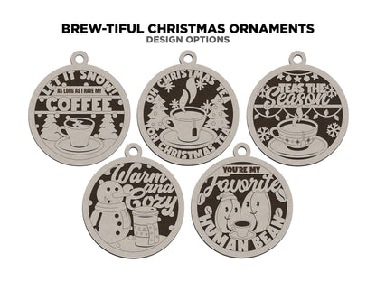 Brew-tiful Christmas Ornaments - 10 Unique Coffee and Tea Ornament Designs - SVG, PDF, AI File Download - Works on all Laser Types