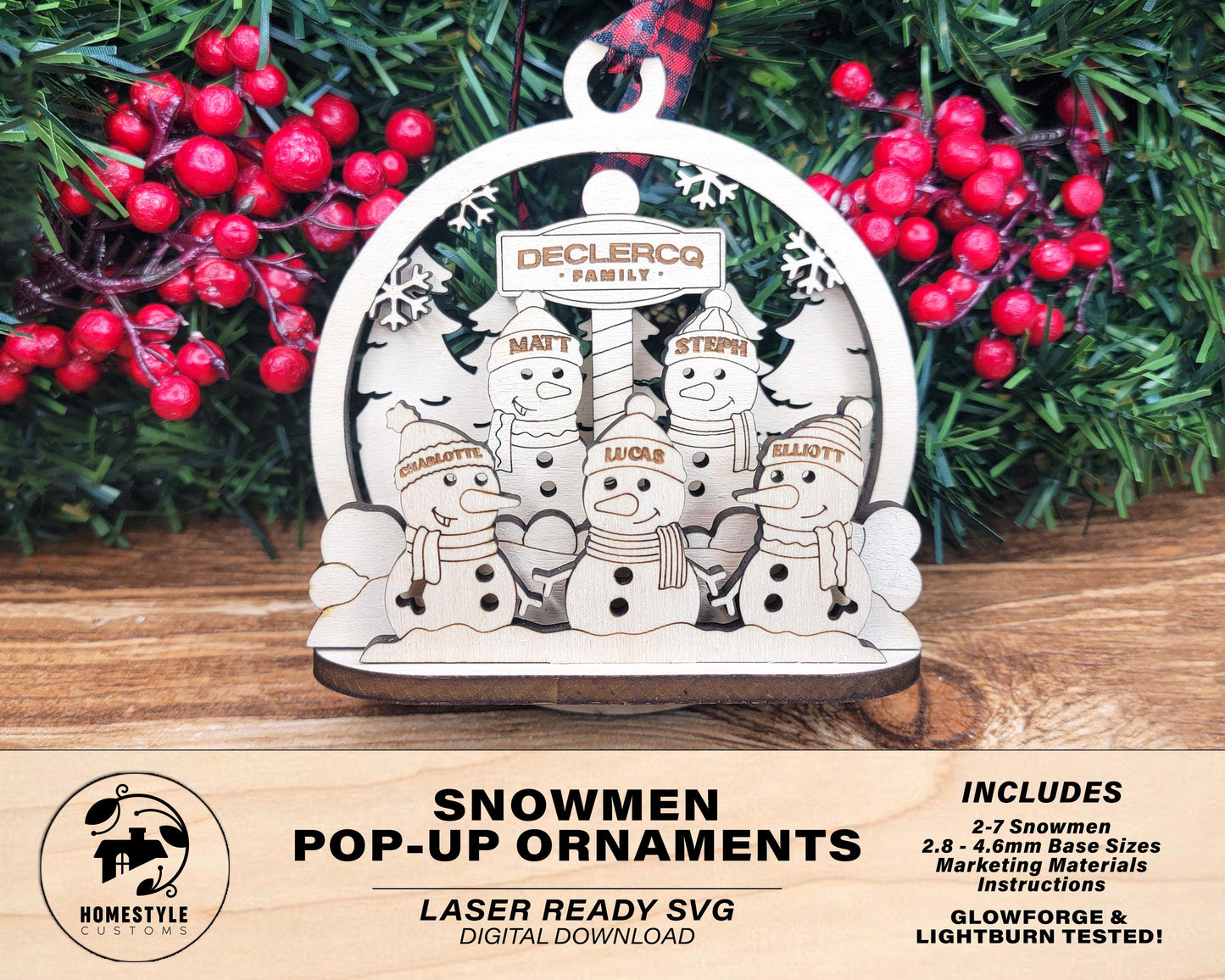 Snowman Pop-Up Ornament - Personalize with 2 to 7 Names - SVG, PDF, AI File types - Works With All Lasers