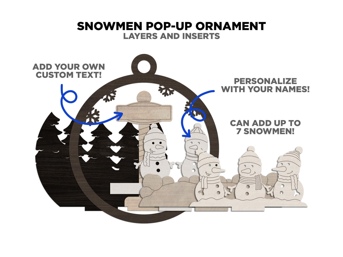 Snowman Pop-Up Ornament - Personalize with 2 to 7 Names - SVG, PDF, AI File types - Works With All Lasers