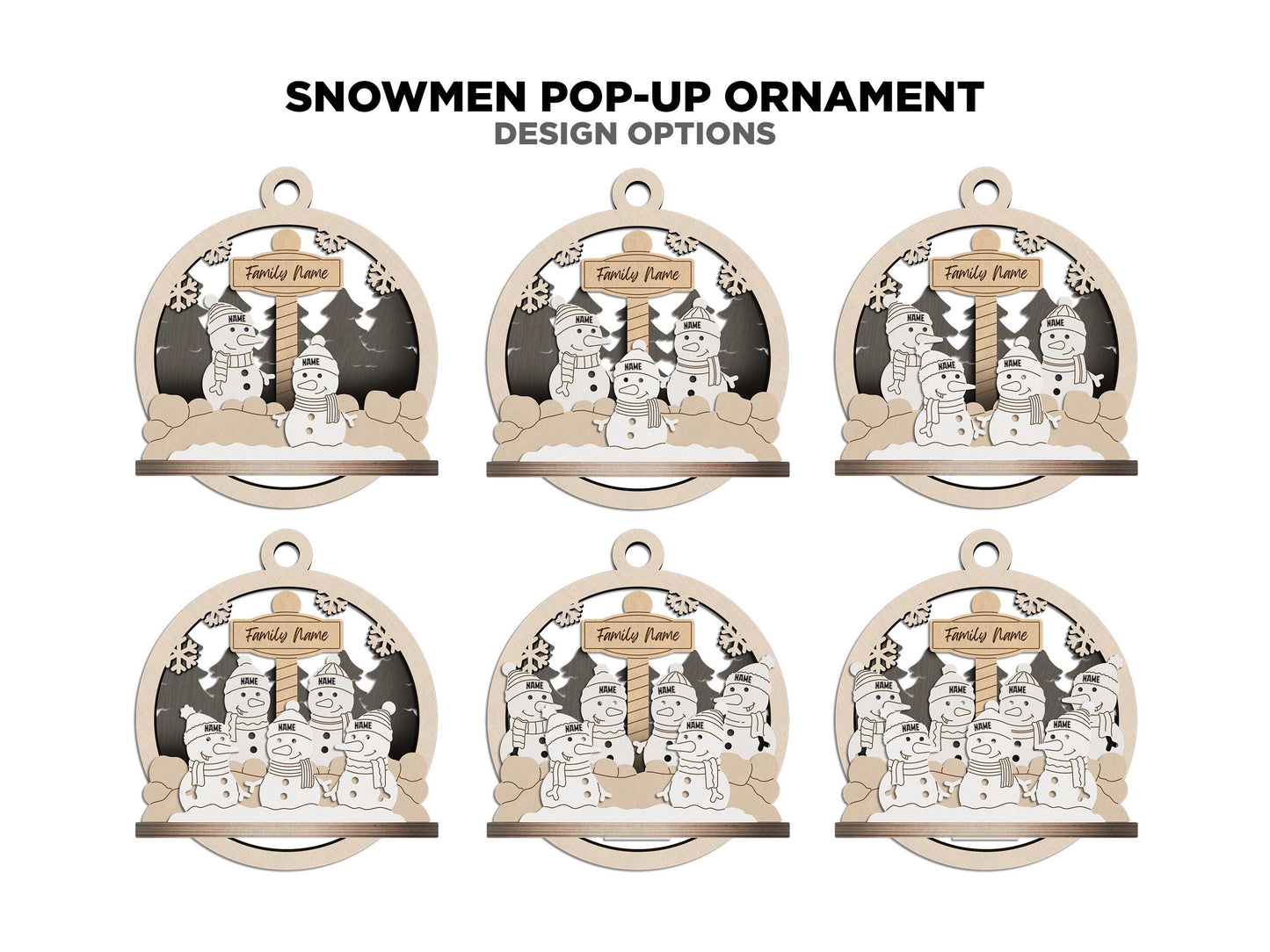 Snowman Pop-Up Ornament - Personalize with 2 to 7 Names - SVG, PDF, AI File types - Works With All Lasers