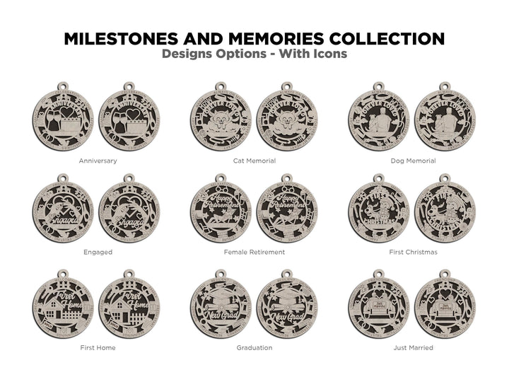 Milestones and Memories Ornaments - 15 Themes and 4 Variations Per Theme - SVG, PDF, AI File Download - Works with all lasers