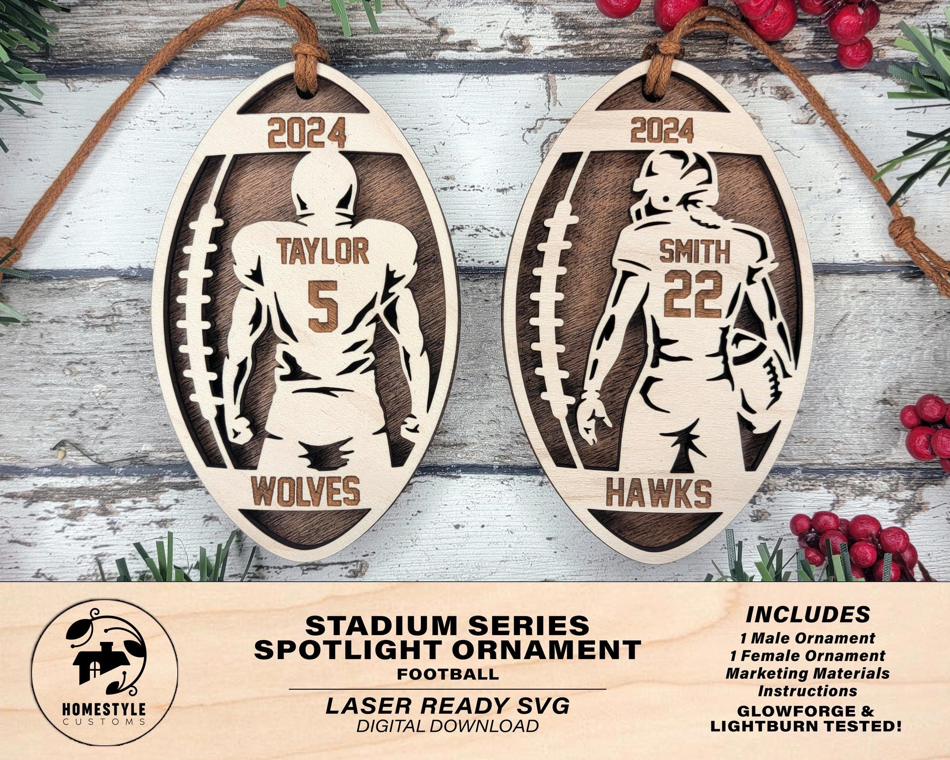 Stadium Series Spotlight Ornaments - Football Male and Female Options - SVG, PDF, AI File Download - Works with all Laser Types