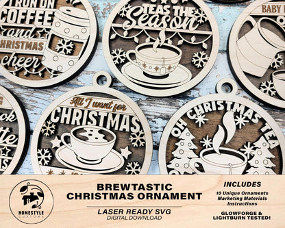 Brew-tiful Christmas Ornaments - 10 Unique Coffee and Tea Ornament Designs - SVG, PDF, AI File Download - Works on all Laser Types