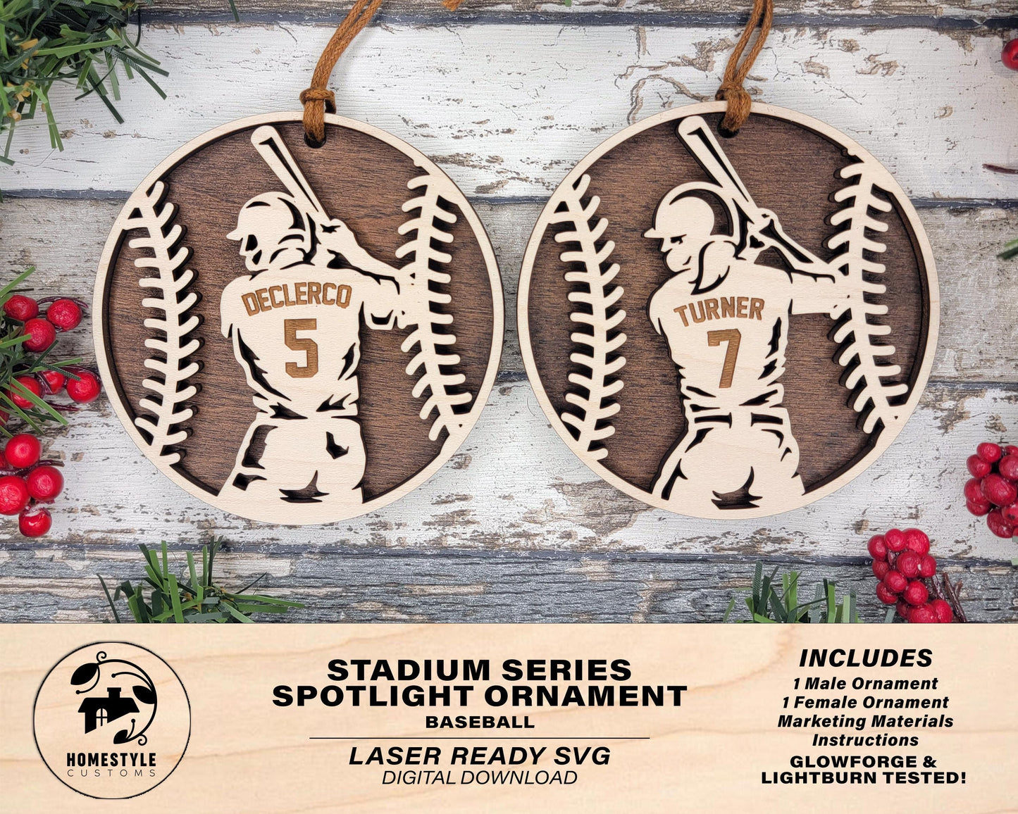 Stadium Series Spotlight Ornaments - Baseball Male and Female Options - SVG, PDF, AI File Download - Works with all Laser Types