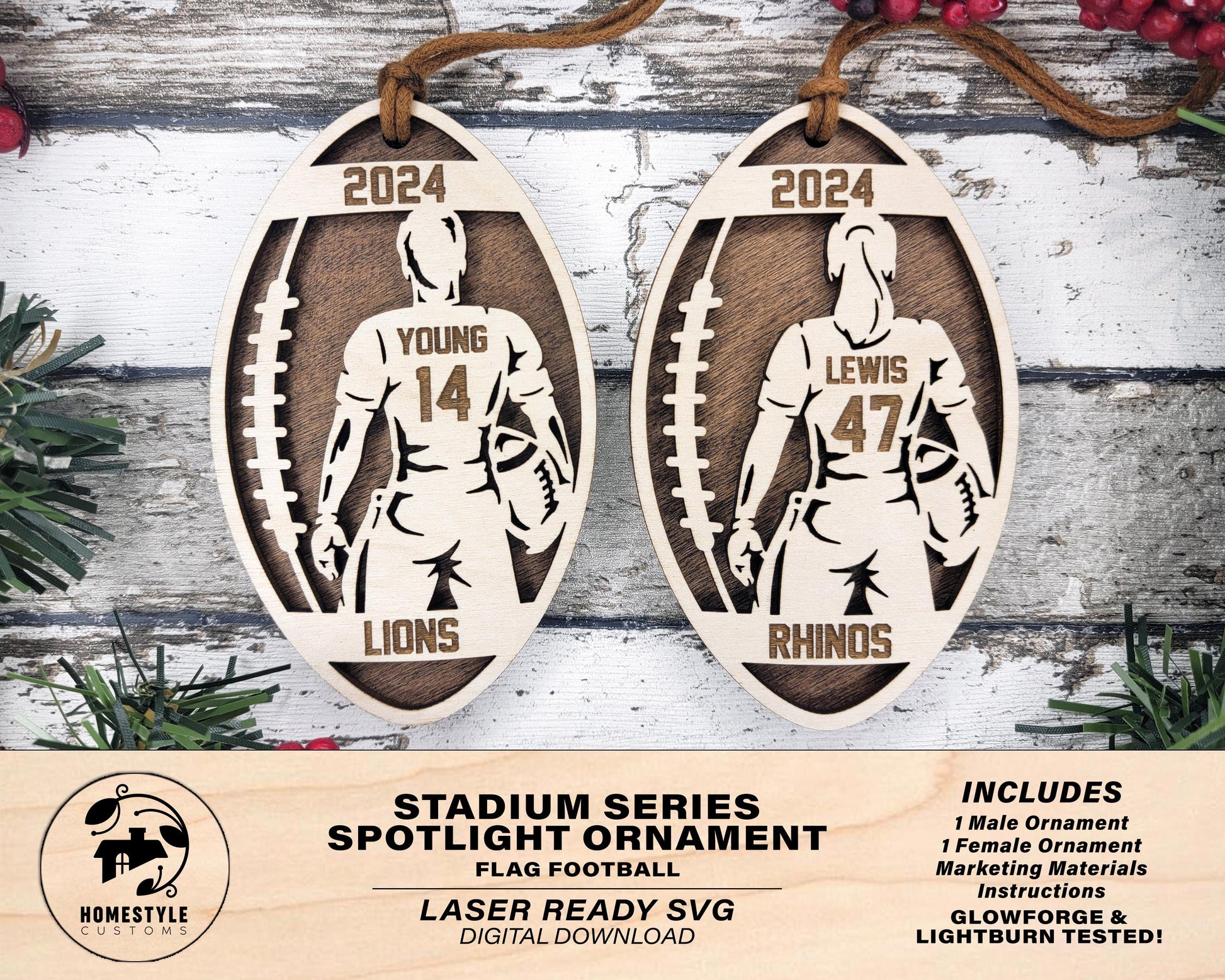 Stadium Series Spotlight Ornaments - Flag Football Male and Female Options - SVG, PDF, AI File Download - Works with all Laser Types