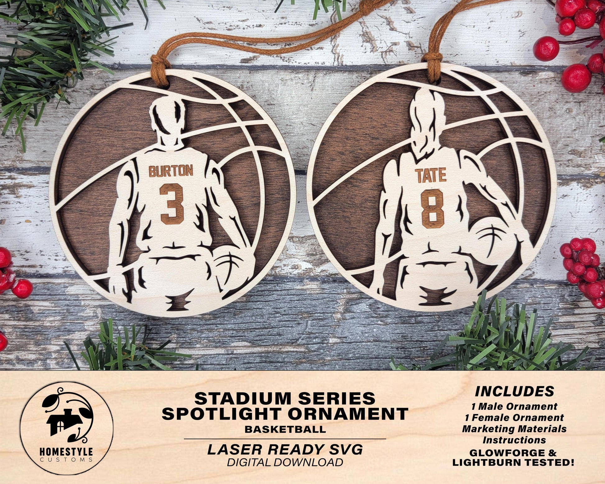 Stadium Series Spotlight Ornaments - Basketball Male and Female Options - SVG, PDF, AI File Download - Works with all Laser Types