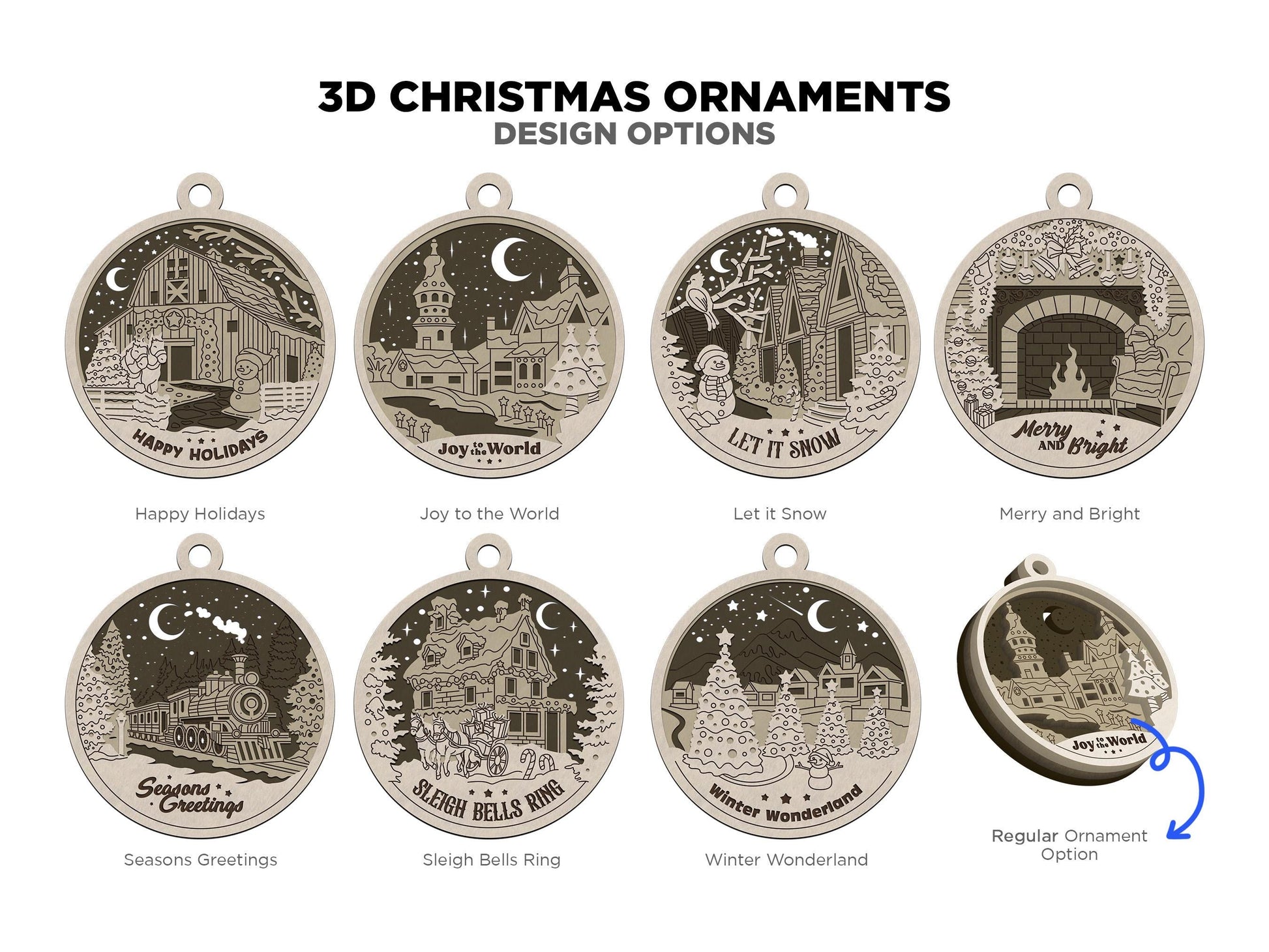 3D Christmas Ornaments Ornaments - 7 3D Ornaments & 7 Layered Ornaments - SVG, PDF, AI File Download - Works with all lasers