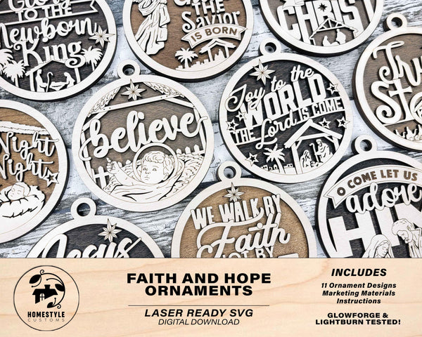 Faith and Hope Ornaments - 11 Ornaments Designs - SVG, PDF, AI File Download - Works with all lasers
