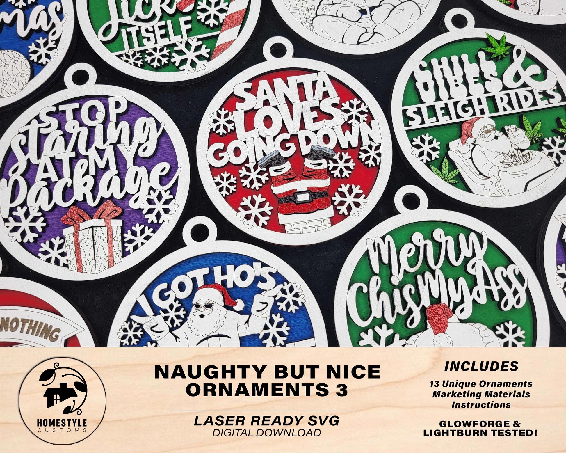 Naughty But Nice Ornaments Set 3 - 13 Unique Laser Designs - SVG, PDF, AI File Download - Works with all Lasers